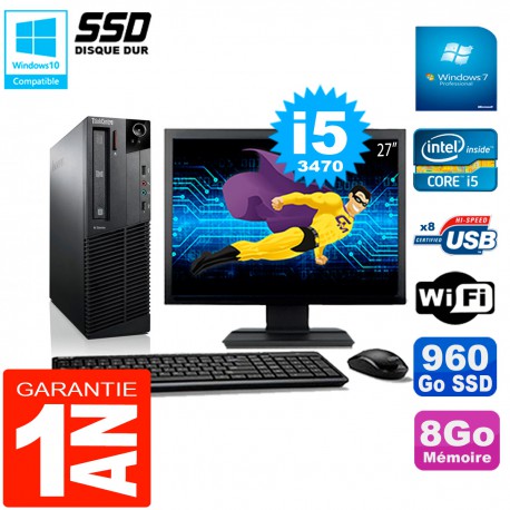 PC Lenovo M92p SFF Ecran 27" Core I5-3470 8Go Disque 960Go SSD Wifi W7