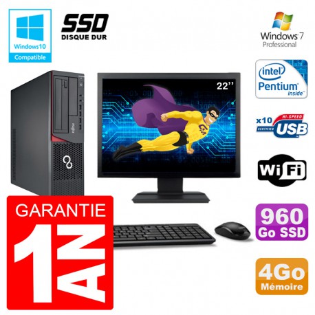 PC Fujitsu Esprimo E720 E85+ SFF Ecran 22'' G3220 RAM 4Go 960 Go SSD Wifi W7