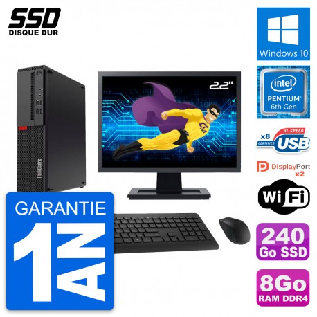 PC Lenovo M910s SFF Ecran 22" Pentium G4400 RAM 8Go SSD 240Go Windows 10 Wifi