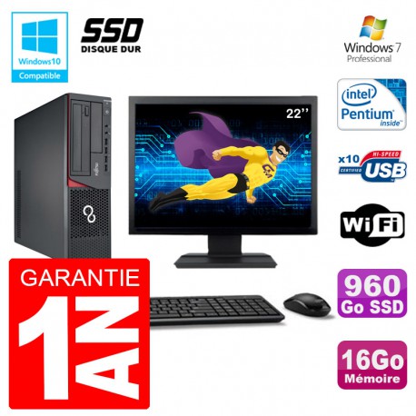 PC Fujitsu Esprimo E720 E85+ SFF Ecran 22'' G3220 RAM 16Go 960 Go SSD Wifi W7