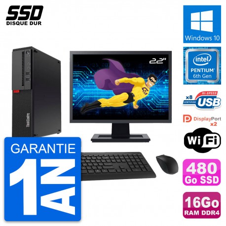 PC Lenovo M910s SFF Ecran 22" Pentium G4400 RAM 16Go SSD 480Go Windows 10 Wifi
