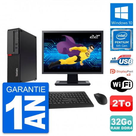 PC Lenovo M910s SFF Ecran 22" Pentium G4400 RAM 32Go Disque 2To Windows 10 Wifi
