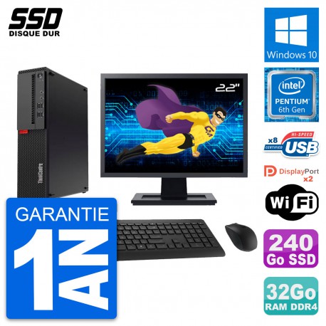 PC Lenovo M910s SFF Ecran 22" Pentium G4400 RAM 32Go SSD 240Go Windows 10 Wifi