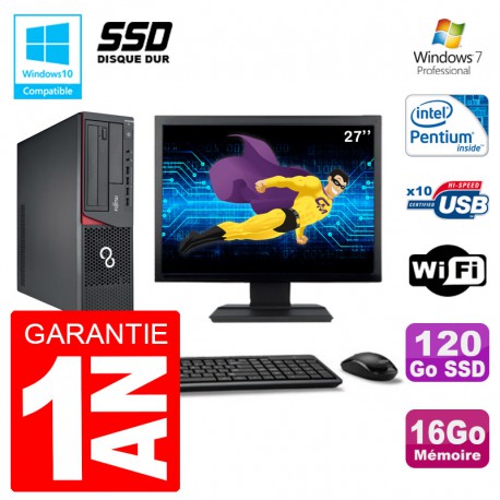 PC Fujitsu Esprimo E720 E85+ SFF Ecran 27'' G3220 RAM 16Go 120 Go SSD Wifi W7