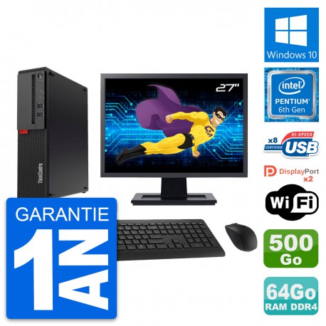 PC Lenovo M910s SFF Ecran 27" Intel G4400 RAM 64Go Disque 500Go Windows 10 Wifi