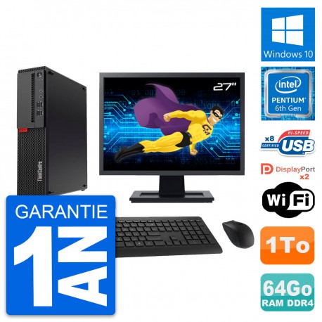 PC Lenovo M910s SFF Ecran 27" Pentium G4400 RAM 64Go Disque 1To Windows 10 Wifi