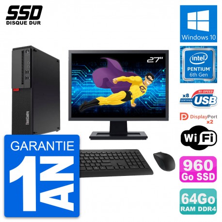 PC Lenovo M910s SFF Ecran 27" Pentium G4400 RAM 64Go SSD 960Go Windows 10 Wifi