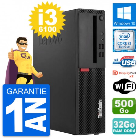 PC Lenovo ThinkCentre M910s SFF i3-6100 RAM 32Go Disque 500Go Windows 10 Wifi