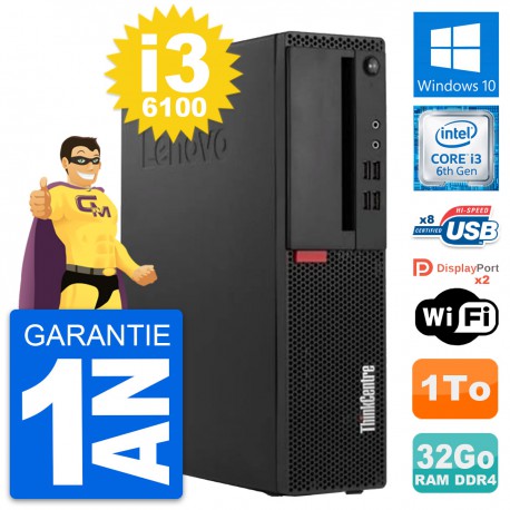 PC Lenovo ThinkCentre M910s SFF Core i3-6100 RAM 32Go Disque 1To Windows 10 Wifi