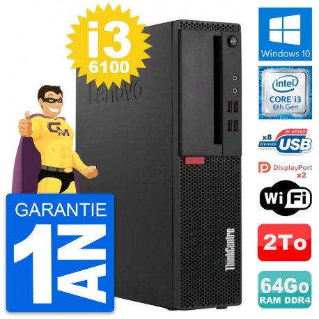 PC Lenovo ThinkCentre M910s SFF Core i3-6100 RAM 64Go Disque 2To Windows 10 Wifi