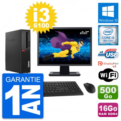 PC Lenovo M910s SFF Ecran 22" Core i3-6100 RAM 16Go Disque 500Go Windows 10 Wifi