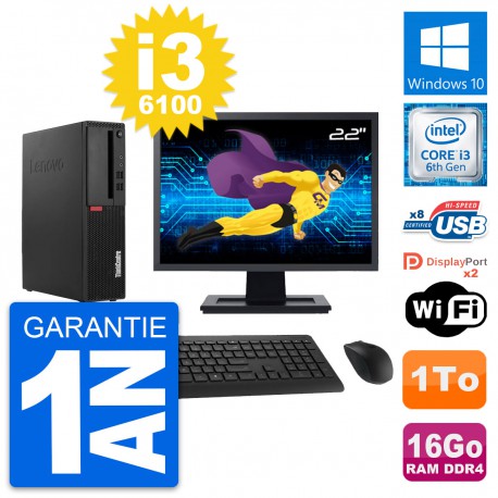 PC Lenovo M910s SFF Ecran 22" Intel i3-6100 RAM 16Go Disque 1To Windows 10 Wifi