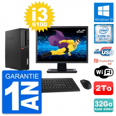 PC Lenovo M910s SFF Ecran 22" Intel i3-6100 RAM 32Go Disque 2To Windows 10 Wifi