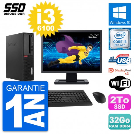 PC Lenovo M910s SFF Ecran 22" Intel i3-6100 RAM 32Go SSD 2To Windows 10 Wifi