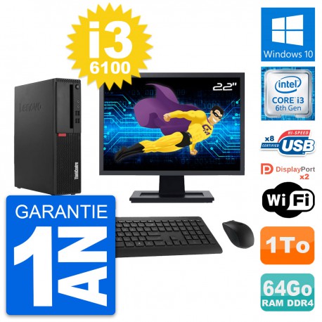 PC Lenovo M910s SFF Ecran 22" Intel i3-6100 RAM 64Go Disque 1To Windows 10 Wifi