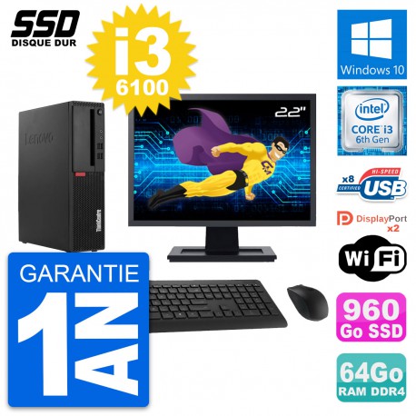 PC Lenovo M910s SFF Ecran 22" Intel i3-6100 RAM 64Go SSD 960Go Windows 10 Wifi