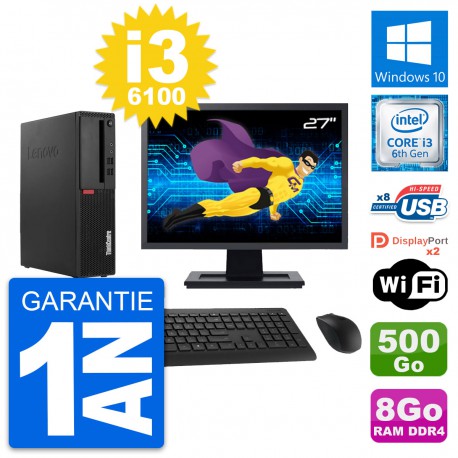 PC Lenovo M910s SFF Ecran 27" Intel i3-6100 RAM 8Go Disque 500Go Windows 10 Wifi
