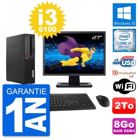 PC Lenovo M910s SFF Ecran 27" Intel i3-6100 RAM 8Go Disque 2To Windows 10 Wifi