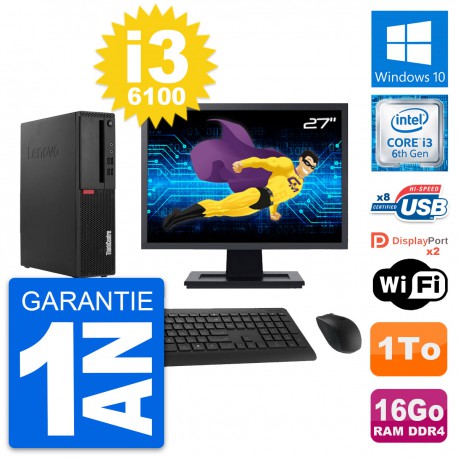 PC Lenovo M910s SFF Ecran 27" Intel i3-6100 RAM 16Go Disque 1To Windows 10 Wifi