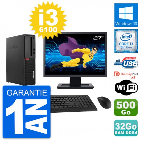 PC Lenovo M910s SFF Ecran 27" Core i3-6100 RAM 32Go Disque 500Go Windows 10 Wifi