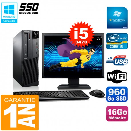 PC Lenovo M92p SFF Ecran 27" Core I5-3470 16Go Disque 960Go SSD Wifi W7