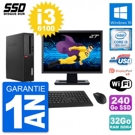 PC Lenovo M910s SFF Ecran 27" Intel i3-6100 RAM 32Go SSD 240Go Windows 10 Wifi