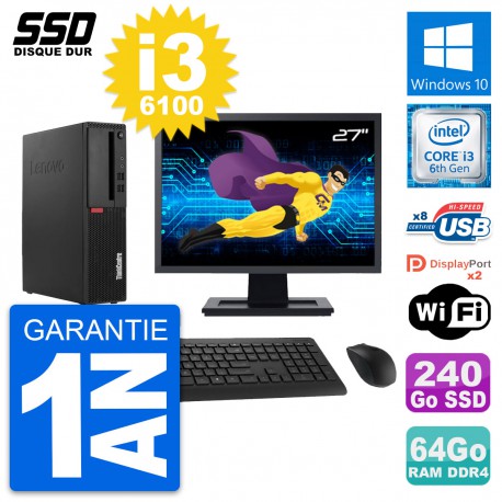 PC Lenovo M910s SFF Ecran 27" Intel i3-6100 RAM 64Go SSD 240Go Windows 10 Wifi