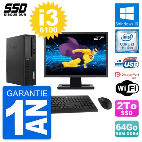 PC Lenovo M910s SFF Ecran 27" Intel i3-6100 RAM 64Go SSD 2To Windows 10 Wifi