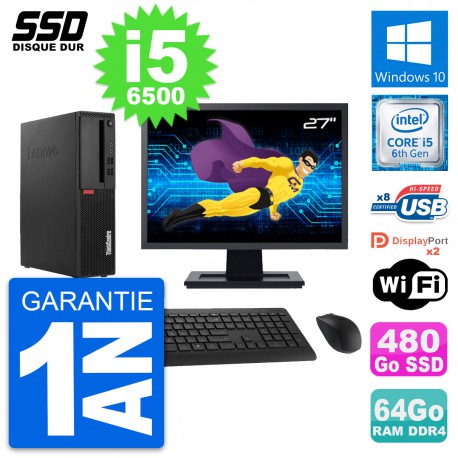 PC Lenovo M910s SFF Ecran 27" Intel i5-6500 RAM 64Go SSD 480Go Windows 10 Wifi