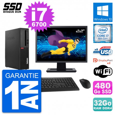 PC Lenovo M910s SFF Ecran 22" Intel i7-6700 RAM 32Go SSD 480Go Windows 10 Wifi