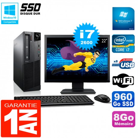 PC Lenovo M92p SFF Ecran 22" Core I7-2600 8Go Disque 960Go SSD Wifi W7