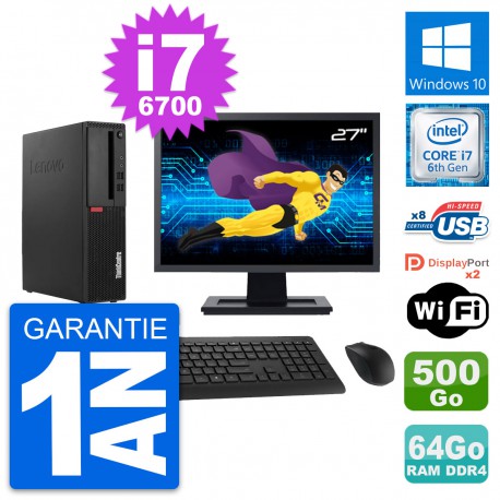 PC Lenovo M910s SFF Ecran 27" Core i7-6700 RAM 64Go Disque 500Go Windows 10 Wifi