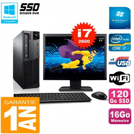 PC Lenovo M92p SFF Ecran 22" Core I7-2600 16Go Disque 120Go SSD Wifi W7