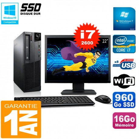 PC Lenovo M92p SFF Ecran 22" Core I7-2600 16Go Disque 960Go SSD Wifi W7