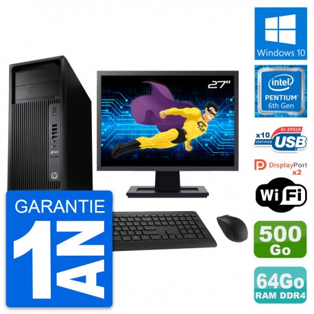 PC Tour HP Z240 MT Ecran 27" Intel G4400 RAM 64Go Disque 500Go Windows 10 Wifi
