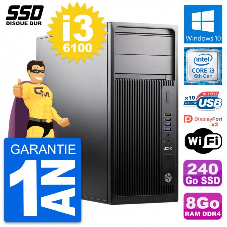 PC Tour HP WorkStation Z240 MT Intel i3-6100 RAM 8Go SSD 240Go Windows 10 Wifi