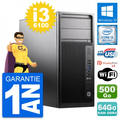 PC Tour HP WorkStation Z240 Intel i3-6100 RAM 64Go Disque 500Go Windows 10 Wifi