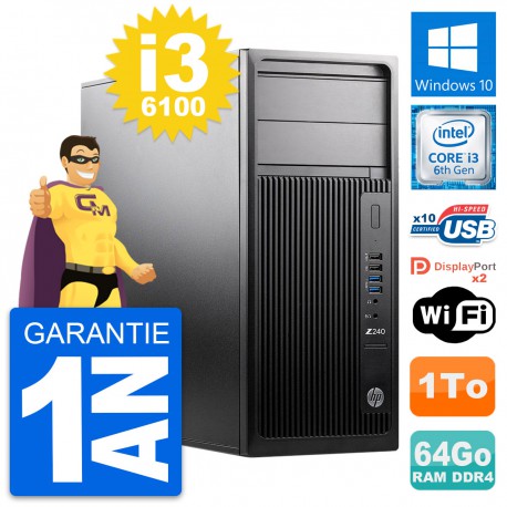 PC Tour HP WorkStation Z240 MT Intel i3-6100 RAM 64Go Disque 1To Windows 10 Wifi