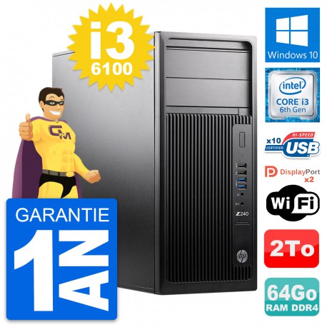 PC Tour HP WorkStation Z240 MT Intel i3-6100 RAM 64Go Disque 2To Windows 10 Wifi