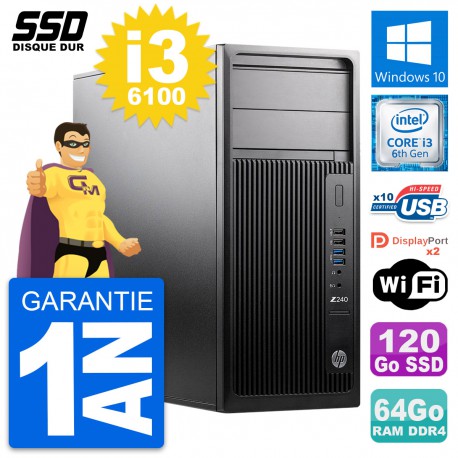 PC Tour HP WorkStation Z240 MT Intel i3-6100 RAM 64Go SSD 120Go Windows 10 Wifi