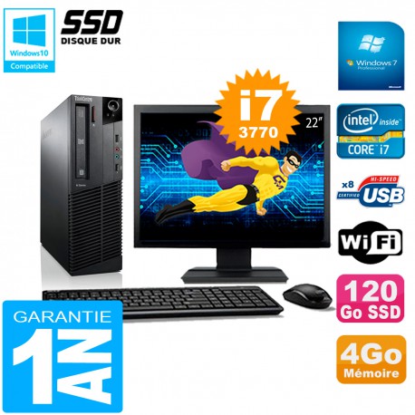 PC Lenovo M92p SFF Ecran 22" Core I7-3770 4Go Disque 120Go SSD Wifi W7