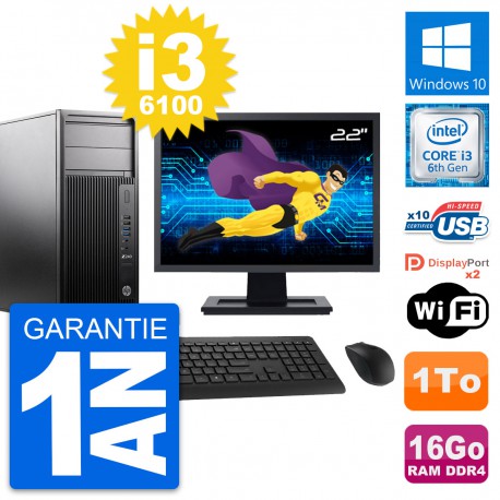 PC Tour HP Z240 MT Ecran 22" Intel i3-6100 RAM 16Go Disque 1To Windows 10 Wifi