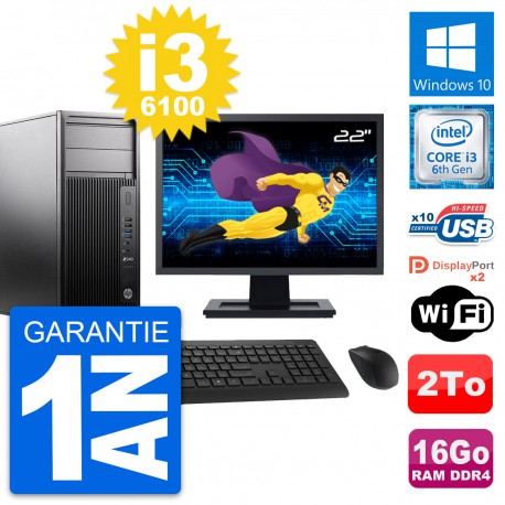 PC Tour HP Z240 MT Ecran 22" Intel i3-6100 RAM 16Go Disque 2To Windows 10 Wifi