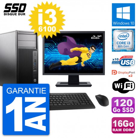 PC Tour HP WorkStation Z240 Ecran 22" i3-6100 RAM 16Go SSD 120Go Windows 10 Wifi