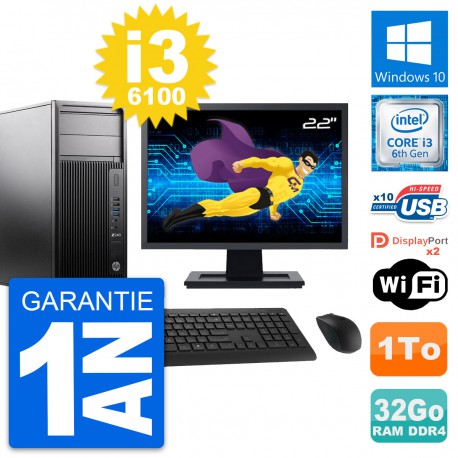 PC Tour HP Z240 MT Ecran 22" Intel i3-6100 RAM 32Go Disque 1To Windows 10 Wifi