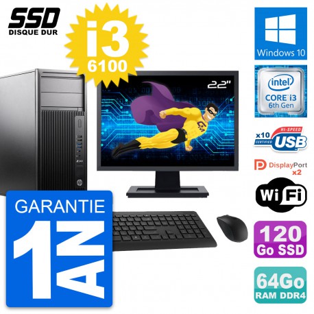 PC Tour HP WorkStation Z240 Ecran 22" i3-6100 RAM 64Go SSD 120Go Windows 10 Wifi