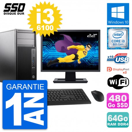 PC Tour HP WorkStation Z240 Ecran 22" i3-6100 RAM 64Go SSD 480Go Windows 10 Wifi