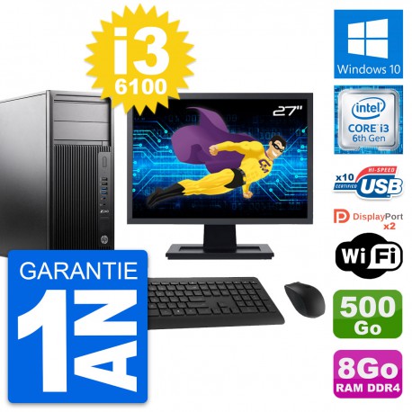 PC Tour HP Z240 MT Ecran 27" Intel i3-6100 RAM 8Go Disque 500Go Windows 10 Wifi