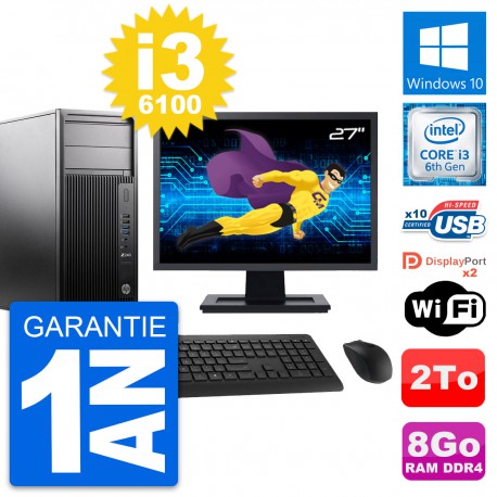 PC Tour HP WorkStation Z240 Ecran 27" i3-6100 RAM 8Go Disque 2To Windows 10 Wifi
