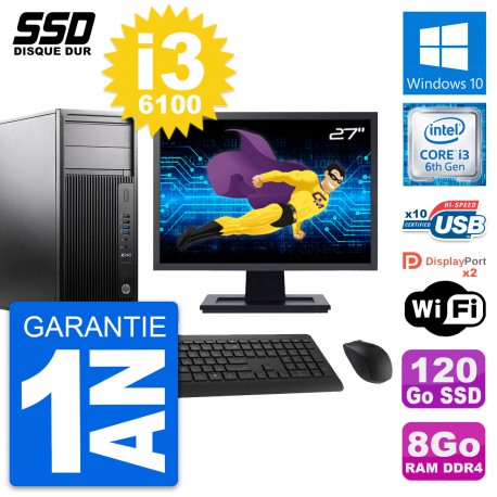 PC Tour HP Z240 Ecran 27" Intel Core i3-6100 RAM 8Go SSD 120Go Windows 10 Wifi